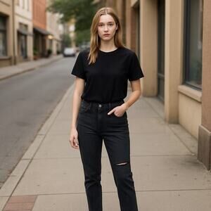 RE/DONE 70'S Straight Leg High Rise Jeans in Worn Black with Rips - Size 23